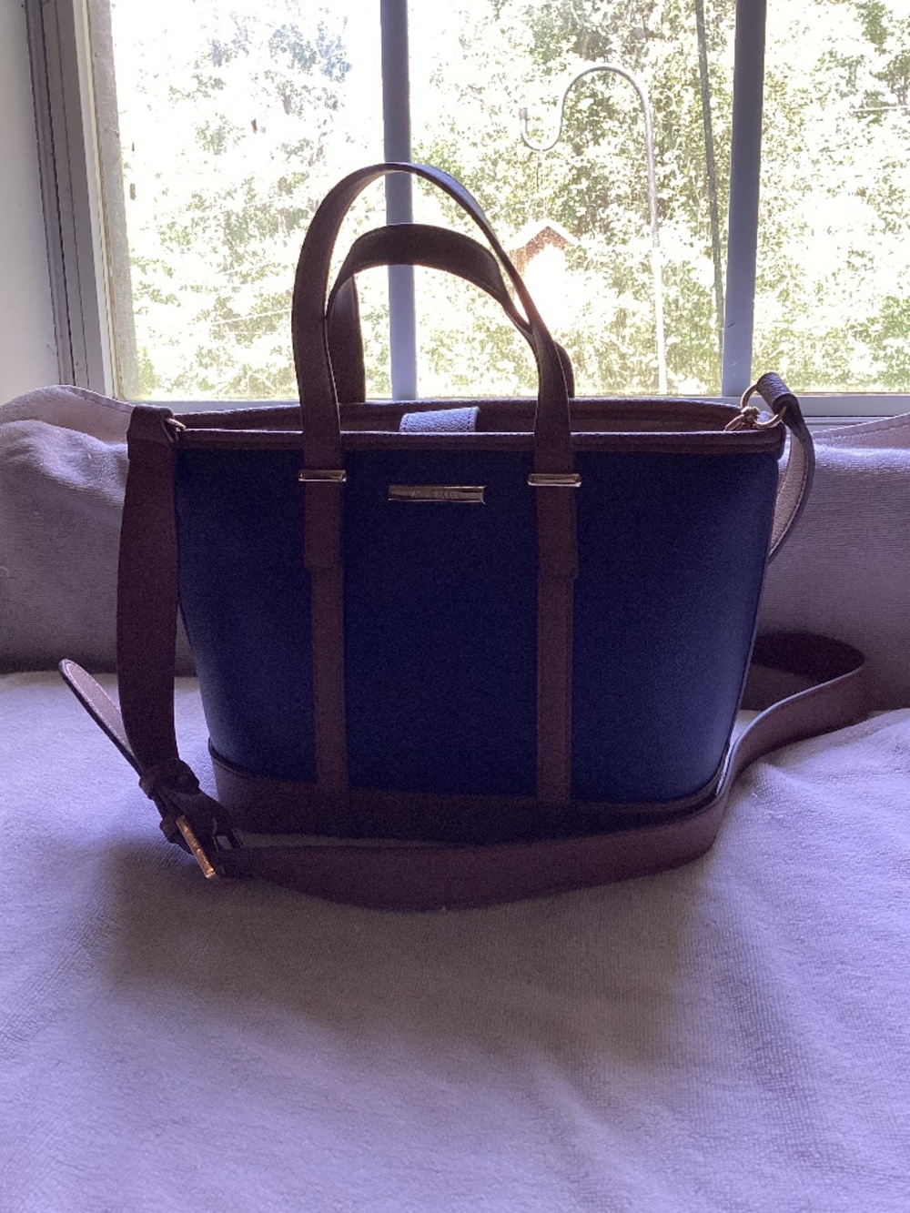 Anne Klein Navy Blue & Brown Satchel Crossbody Handbag
